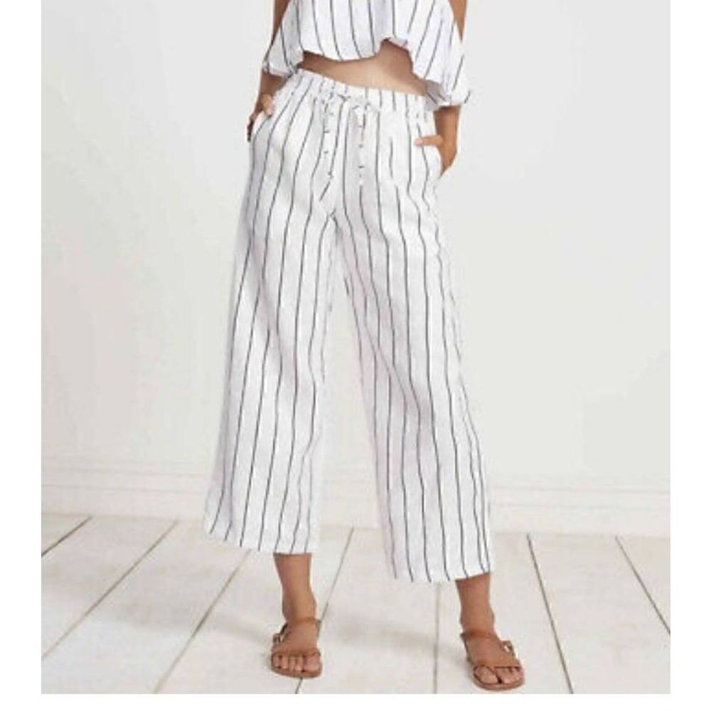 Strips Linen Wide-Leg High-Rise Pants S